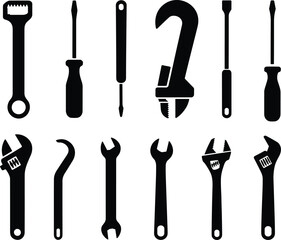 Collection of black silhouettes featuring construction hand tools, wrenches, screwdrivers, and spanners, isolated on white background for repair