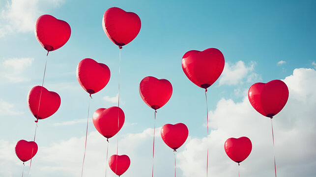 red heart shaped balloons flying floating in the sky for valentines day ai