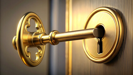 A close-up view of a golden key inserted into a door's lock.