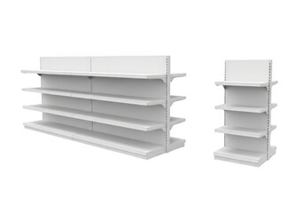 Two white retail display shelves, one long and one short, isolated on transparent background