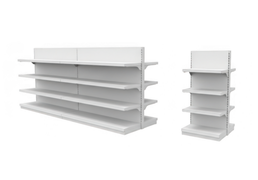Two white retail display shelves, one long and one short, isolated on transparent background