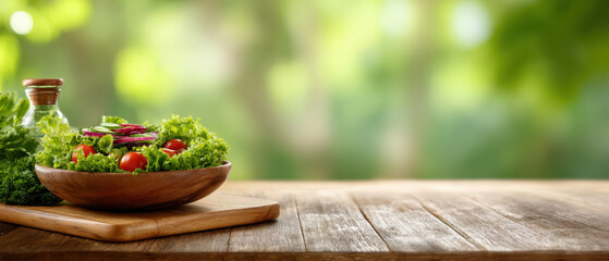 Fresh salad bowl on wooden table with lettuce tomato cucumber onion herb oil bottle cutting board bokeh background natural light