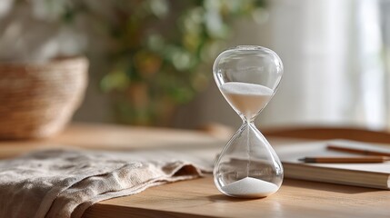 Time Management Concept — Clear Glass Hourglass on Wooden Desk, Calm Minimalist Workspace Style, Symbolizing Focus, Productivity, Deadline Planning, and Efficient Schedule for Business, Home Office,