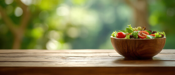 Fresh salad bowl on wooden table healthy lunch green leaves cherry tomato natural light rustic style summer vibe outdoor copy space