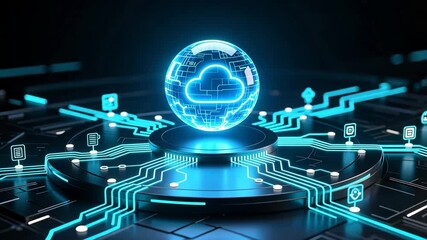 A glowing digital sphere with circuit lines and neon nodes, symbolizing cloud computing and data flow, technical support and customer service