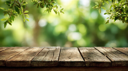 Wood table rustic wood wooden plank green bokeh natural light outdoor empty surface copy space foliage leaves sunlight blurred background summer