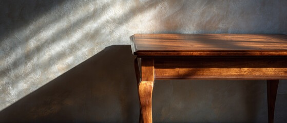 Wooden table soft shadow warm light rustic interior textured wall minimalist design natural wood cozy mood sunlight beam classic style