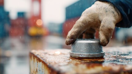 Industrial safety worker pressing metal emergency button with gloved hand in rain, focused determined mood, cinematic close-up style for risk control, hazard prevention, and workplace security