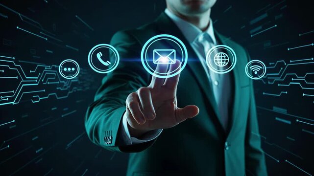 A businessman touching a holographic icons in arc, symbolizing connectivity, help center, technical support and customer service