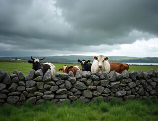 Herd of curious cows stand behind traditional stone wall on green meadow. Cattle graze on rural Irish farm with hills, lake view. Scenic agricultural countryside with livestock under dramatic, moody