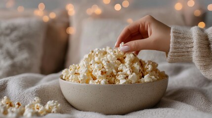 Cozy movie night at home – hand reaching for popcorn, relaxed mood, lifestyle close-up with warm bokeh lights and soft blanket texture – inviting scene for leisure, streaming, and home