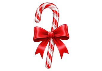 A classic red and white striped candy cane with a shiny red satin bow, isolated on transparent background