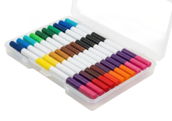 A set of colorful markers neatly arranged in a clear plastic case, isolated on transparent background
