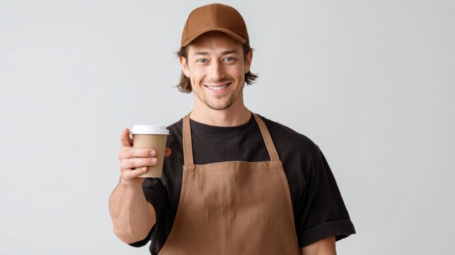Barista coffee professional offering takeaway cup, smiling portrait, clean studio style on neutral background for hospitality service branding and beverage delivery