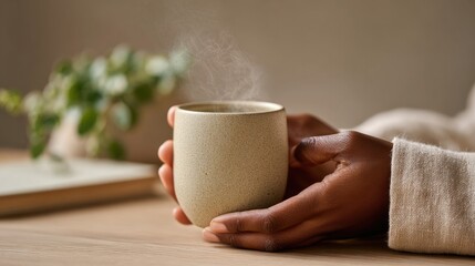 Cozy Morning Tea — Calm hands holding a steaming ceramic cup in minimal natural light — minimalist lifestyle wellness concept for relaxation and comfort at