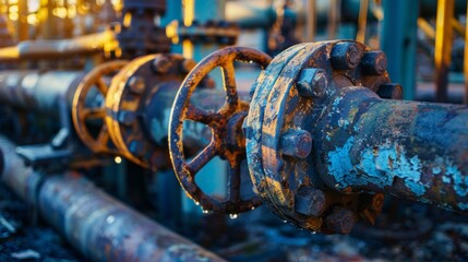 Rusty metal pipes and valves at an industrial site highlight the wear and tear of the infrastructure, which is in demand for technical reports as an industrial backdrop.
