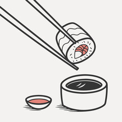 Chopsticks Picking Up Sushi Roll Dipping into Soy Sauce vector illustration