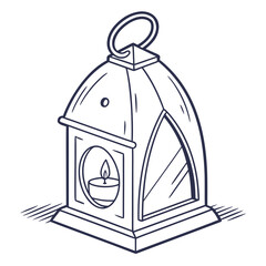 Hand Drawn Outline Lantern with Burning Candle on White Background Keywords: lantern, candle