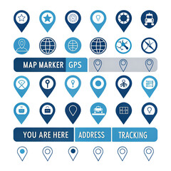 Essential collection of blue map markers with GPS, location, address, and tracking icons for travel apps and navigation systems, representing pinpoint accuracy isolated on transparent background
