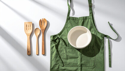 Flat lay minimalist cooking scene with green apron, wooden utensils, white ceramic dish