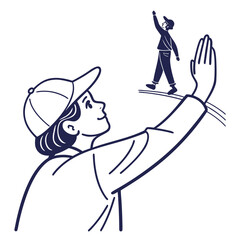 Person in Cap Reaching Towards Another Person on a Line people waving