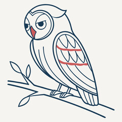 Owl on a Branch with Red Accents Line Art bird perched