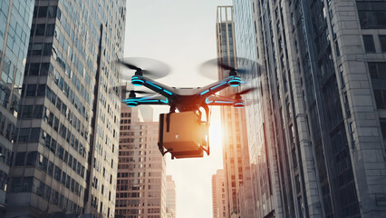 Futuristic drone delivery flying between glass skyscrapers during a warm sunset, logistics concept.