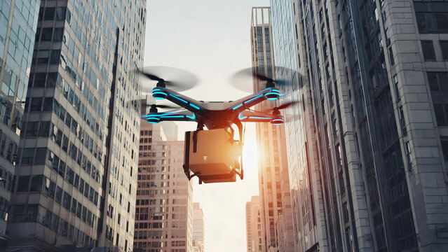 Futuristic drone delivery flying between glass skyscrapers during a warm sunset, logistics concept.