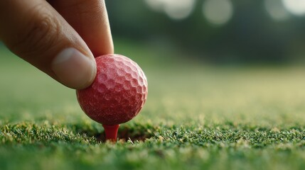 Golf Ball on Tee Placed by Hand — Calm Focus Closeup Macro, Precision Preparation for Sports Training, Practice, and Outdoor Leisure