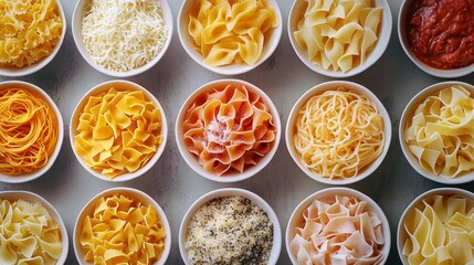 A variety of pasta, sauces and spices on white plates create an appetising palette, providing the backdrop for culinary masterclasses and restaurant menus.