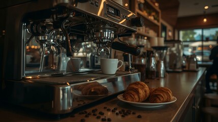 Wide view of a café setting featuring a commercial coffee machine preparing coffee, with pastries and scattered beans beside the cup.