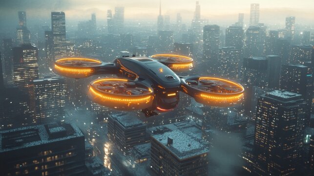 A futuristic aircraft with brightly lit rotors hovering over a metropolis will emphasise the dynamics of technological progress and is ideal as an atmospheric backdrop 