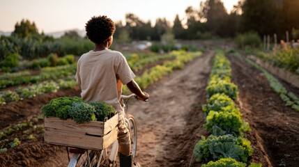 Sustainable Farming Boy on Bicycle Carrying Fresh Greens Through Vegetable Rows at Sunset, Calm Hopeful Mood, Natural Documentary Style, Concept for Local Food Transport, Organic Harvest, Eco