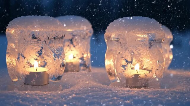 Ice lanterns with tealight candles glowing in falling snow at dusk frost patterns sparkle against the blue winter night, warm flames contrasting the cold, serene outdoor scene.