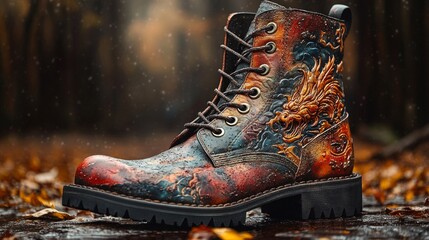 Bright boots with dragon motifs on a damp forest path convey a spirit of adventure and style, creating a memorable visual backdrop for fashion blogs or shoe advertisements.