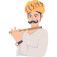 Indian man wearing a yellow turban with colorful patterns playing a flute with a mustache and white shirt on transparent background