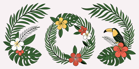 Tropical Wreath Vector Collection  Beautiful Decorative Floral & Leaf Wreath Set, Exotic Botanical Circle Frames, Isolated on White Background&rdquo;