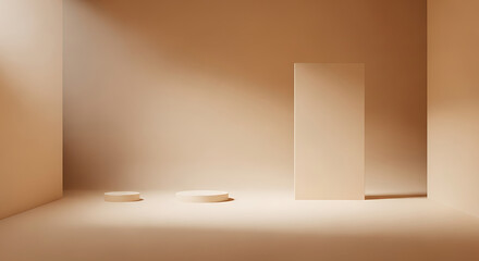Minimalist 3d scene with round podiums and vertical panel, warm light rays