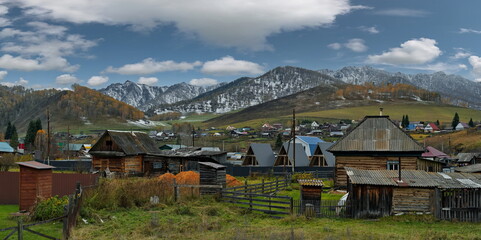 Cherga. Russia.  October 02, 2025 A picturesque view of the Altai village against the background of...