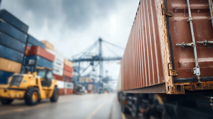 A focused view of shipping containers and machinery at a busy port, showcasing logistics and transportation operations in action.