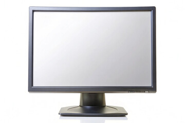 Front view of a black computer monitors with a blank white screen. Flat, rectangular display with a dark base. Simple, modern design