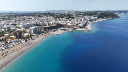 Fototapeta premium Aerial drone photo of famous main sandy beaches of Rhodes island west coast called Akti Miaouli and Akti Kanari famous for luxury hotels and nice seaside restaurants, Dodecanese, Greece