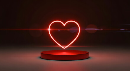 Glowing red neon heart on a pedestal in dark room