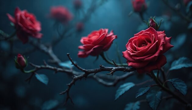 Red roses blossom on thorny twisting vine in dark mysterious garden. Beautiful romantic flower grows in moody twilight with deep blue background. Gothic flora with tangled branches, sharp thorns,