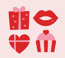 Valentine's Day themed set.
Includes a heart, red lips, a heart-shaped gift box, and cupcakes.
Flat vector illustration.