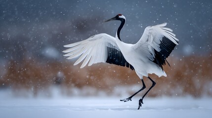 Naklejka premium Intimate Winter Dance of the Red-Crowned Crane Gliding with Grace Across a Powdery Snow Field in Realistic Detail