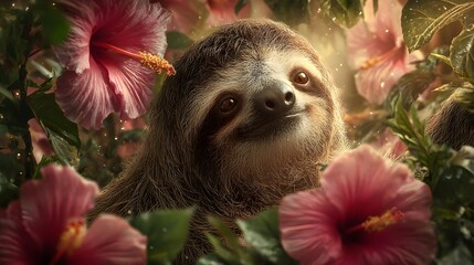 Obraz premium Elegant Sloth Meandering Through a Lush Tropical Garden with Blooming Pink Hibiscus and Radiant Golden Sunlight