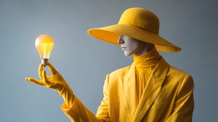Expressive artwork showcasing an individual in a bright yellow ensemble presenting a glowing bulb that embodies sudden creativity and insightful motivation.