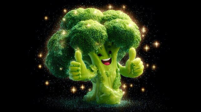 Colorful Cartoon Illustration Depicting a Joyful Green Broccoli Character with Sparkling Effects and Cheerful Thumbs Up Gesture in a Whimsical Setting