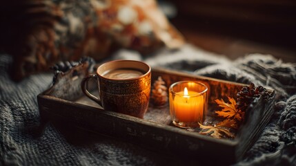 A detailed depiction of a cozy autumn moment featuring warm coffee and a glowing candle on a vintage tray, evoking feelings of rustic comfort and serene relaxation on a crisp fall evening.